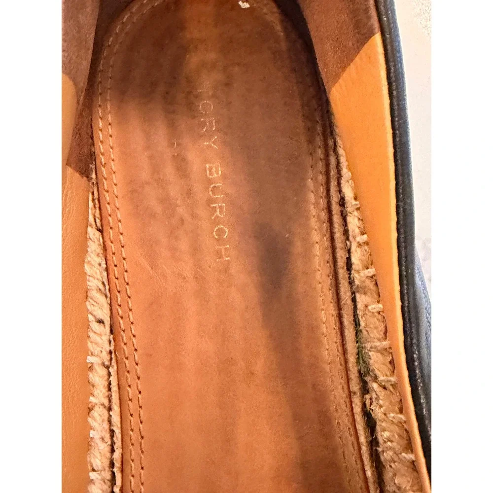 Tory Burch Elanor Black Leather Espadrille Flats Gold Logo Size 9.5